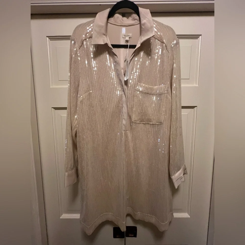 Pilcro Long Sleeve Sequin Mini Shirt Dress Womens Size L Collard Neckline - New - Picture 4 of 6